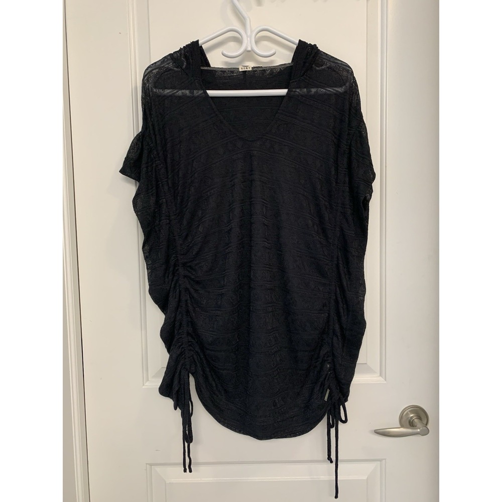 Roxy Open Knit Top Black Lace Coverup M Pointel Knit Ruched Hooded Striped Top